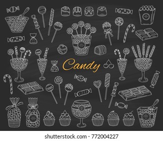 Candy set vector hand drawn doodle illustration.  Different types of sweets, candies, lollipops, sweetmeats, chocolates, glass candy jars,  isolated on chalkboard background.