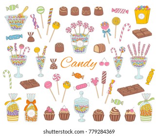 Candy set vector hand drawn doodle illustration.  Different kinds of colorful sweets, candies, lollipops, sweetmeats, chocolates, glass candy jars,  isolated on white background.