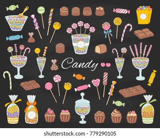 Candy set vector hand drawn doodle illustration.  Different kinds of colorful sweets, candies, lollipops, sweetmeats, chocolates, glass candy jars,  isolated on chalkboard background.