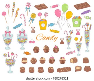 Candy set vector hand drawn doodle illustration.  Different kinds of colorful sweets, candies, lollipops, sweetmeats, chocolates, glass candy jars,  isolated on white background.