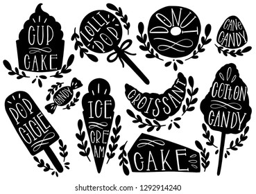 Candy Set Vector Illustration. Shape Cupcake,icecream,donut, Popcicle, Cottoncandt, Lollipop, Croissant Stamp Icon Hand DrawVector Illustration