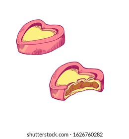 Candy shape heart with chocolate and caramel stuffing that was bitten off piece. Vector outline sketch retro illustration isolated on white background.