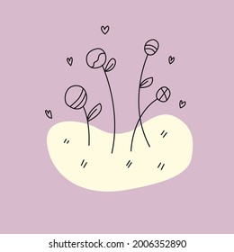 Flores en forma de dulce doodle y corazón lindo con fondo púrpura pastel 