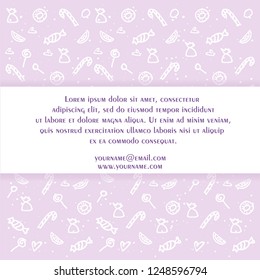 Candy shop - back cover template with pattern for your design in hand drawn style. Vector illustration, EPS 10.