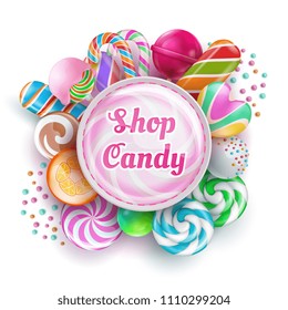 Candy shop background with sweet realistic candies, sweets, caramel, rainbow lollipops and cotton candy. Vector illustration. Snack bonbon colorful, spiral lolly