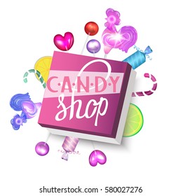 candy shop background with sweet candy, sweetmeats, lollipops and box.  Vector illustration