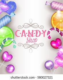 candy shop background with sweet candy, sweetmeats, lollipops.  Vector illustration