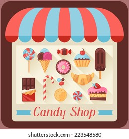 Candy shop background with candy, sweets and cakes.