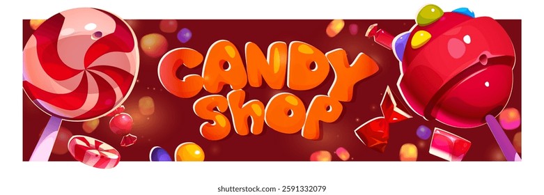 Candy shop banner with bright orange bubble letters, spiral lollipop and caramel, scattered sweets. Vibrant design for confectionery store promotion, sweet business or dessert marketplace header.
