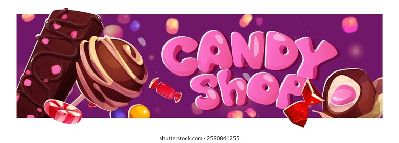 Candy shop banner with chocolate treats and colorful sweets, pink bubble letters on purple background. Caramel lollipops, wrapped candies and truffle balls on vibrant design for confectionery store.