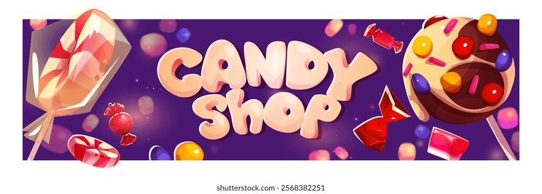 Candy shop banner design with text - decorated chocolate lollipop, wrapped sweets, bonbons and striped peppermint candies floating on purple background. store header with confectionery elements.