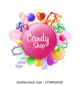 Candy shop banner or poster template with various sweets and lollipops, realistic vector illustration isolated on white background. Pastry store advertising card.