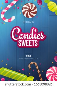Pancarta de Candy Shop con dulces sobre el fondo de madera
