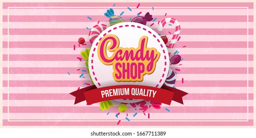 Candy Shop banner with sweets on the retro background