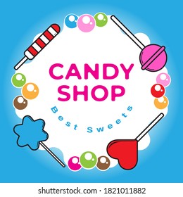 Candy Shop banner with sweets on the blue color background.  Suitable for social media post template or print media promotion