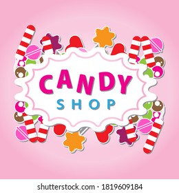 Banner de Candy Shop con caramelos redondos sobre fondo de color rosa.  Adecuado para publicaciones en medios sociales o promoción en medios impresos. Plantilla de diseño de ilustración vectorial de tarjeta de felicitación. 