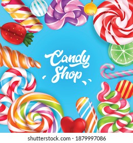 Candy shop blue background framed by colorful sweets and lollipops with striped swirls realistic vector illustration