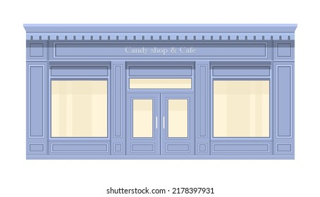 Candy Shop blue color. Sweet market.   Confectionery store facade with showcase isolated on white background. Sweets selling concept.  Boutique sweet shop and cafe. Luxury store shop