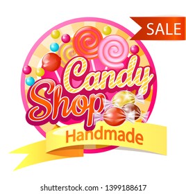 Candy Shop Bright Logo Template With Canes, Bonbons And Dragee Illustration. Isolated On White. 