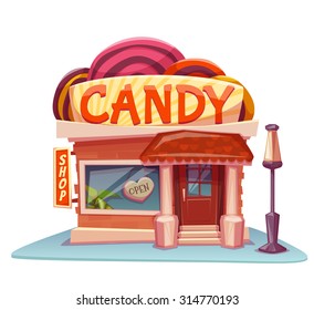 Candy Shop Building With Bright Banner. Vector Illustration.