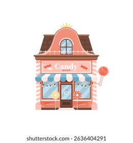 Candy shop building in flat style. Sweet shop, bakery or candy store facade with banner and awning. Isolated illustration on white background. Front view. Vector clip art for web, apps, food concept.