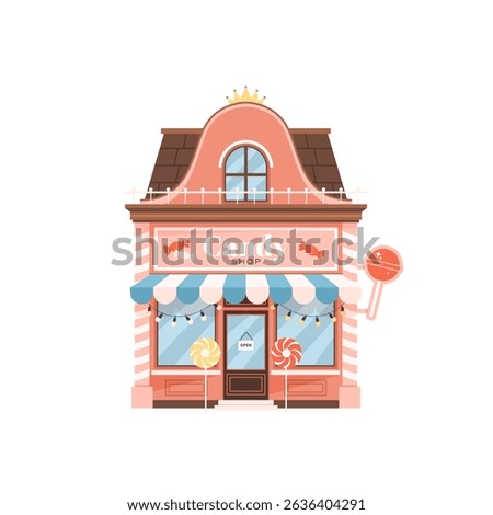 Candy shop building in flat style. Sweet shop, bakery or candy store facade with banner and awning. Isolated illustration on white background. Front view. Vector clip art for web, apps, food concept.