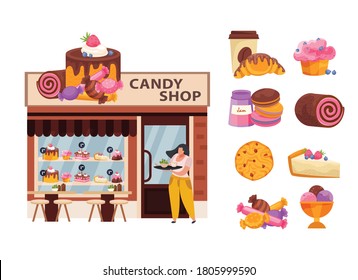 Candy shop business concept with pastry and sweets symbols flat vector illustration