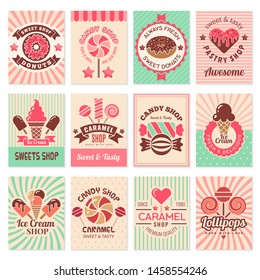 Candy shop cards. Sweet food desserts confectionary symbols for restaurant menu vector flyer collection. Confectionery banner shop, candy dessert, sweet caramel illustration