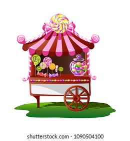 Candy shop with a cheerful decor. Fairytale vector illustration.