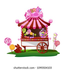 Candy shop with a cheerful decor. Fairytale vector illustration.