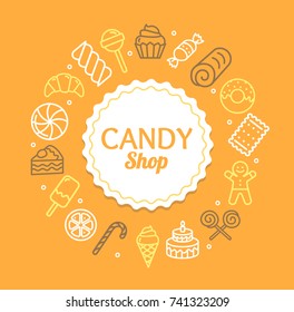 Candy Shop Color Round Design Template Line Icon Concept Include of Dessert, Lollipop, Caramel, Cake and Muffin. Vector illustration
