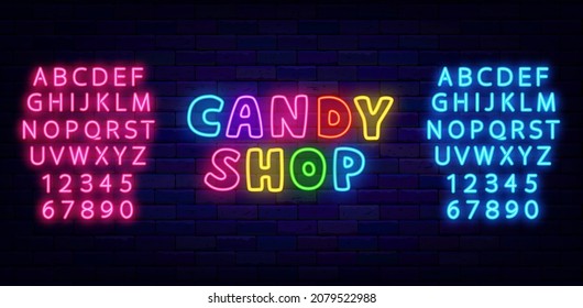 Candy shop colorful neon text. Sweet bar label with alphabet. Logo on brick wall background. Luminous sign. Outer glowing effect banner. Editable stroke. Isolated vector illustration