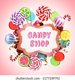 Candy shop composition with realistic images of sweet caramel products and lollies with text in frame vector illustration