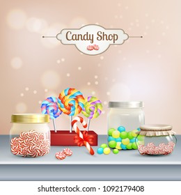 Candy shop composition, shelf with lollipops, caramels in glass jars on blurred beige background 3d vector illustration