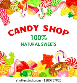 Candy shop concept background. Cartoon illustration of candy shop vector concept background for web design