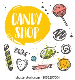 Design des Süßwarenladens. Handgezeichnete Vektorillustration. Kann für Cafe, Restaurant, Bar, Esszimmer-Studio, Poster, Aufkleber, Shop, Küchenkurse, Emblem, Badge verwendet werden.