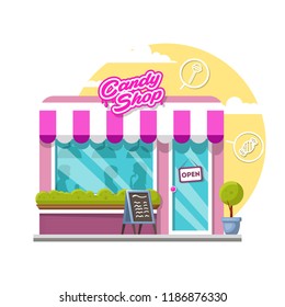 Candy shop concept. Flat design city public building with storefront and different interior design elements. Modern landscape set with bushes, logo, window with shadows of people.