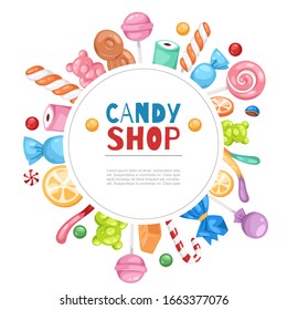 Candy shop confectionery and sweets frame with lollipop, caramel and jelly cartoon vector illustration poster. Candy shop and confectionary isolated on white background.