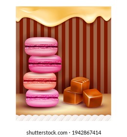 Candy Shop Delicious Dessert Promo Poster Vector. Tasty Creamy Macaroons And Toffee Heap, Candy And Cookies Store Advertising Banner. Dripping Cream Stylish Colorful Concept Template Illustration