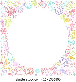 Candy shop doodle background. Frame with sweets. Collection of candies, cakes, sweets, ice cream and desserts. Hand drawn background. Vector illustrations.