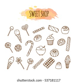 Candy Shop Elements. Sweets And Candies Sketch. Pastry Illustration.