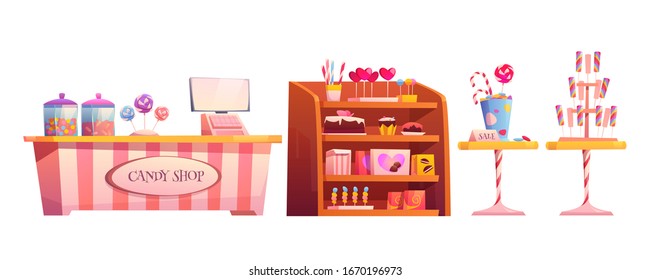 Candy shop empty interior furniture set with various pastry, cashier desk, shelf and tables with chocolate, candycanes and lollipops for sale, sweets decorate elements cartoon vector illustration