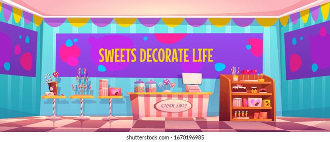 Candy shop empty interior with various pastry, cashier desk, shelf and tables with chocolate, candycanes and lollipops for sale, banner with typography sweets decorate life cartoon vector illustration