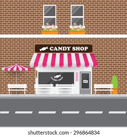 Candy Shop Facade with Street Landscape. Brick Building Retro Style Facade  Vector Illustration.