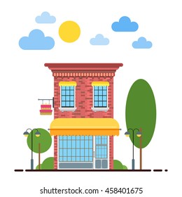 Candy shop flat design vector illustration of small business concept. Tasty candies shop cityscape row townhouse small town street building facade confectionery shop. Flat residential house