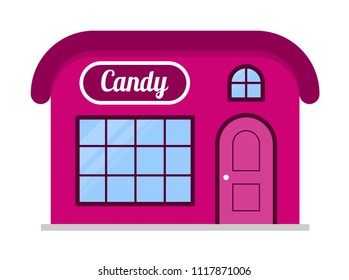 Candy. Shop in a flat style. Cute stylish drawing. Front of the store building. Vector illustration of a pink color on a white background.