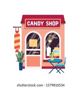 Candy shop flat vector illustration. Confectionery store facade with cake at showcase isolated on white background. Sweets selling concept. Modern coffeehouse exterior with table on street.