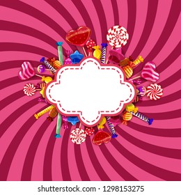 Candy shop frame template background with set of different colors of candy, candy, sweets, chocolate candy, jelly beans, fruit lollipops with sprinkles, spiral colorful sweets. Spiral stripes, vector