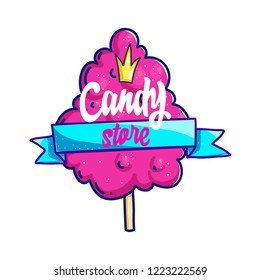 Candy shop hand drawn vector logo design. Calligraphy lettering on cotton candy for sweets bar sign board. Colorful cafe, sweets store label, sticker, clipart. Cartoon isolated logotype template