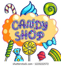 Candy shop hand drawn vector logo design. Candy lettering on orange bubble gum for sweets bar sign board. Color cafe label, sticker with lollipops. Sweet treats cartoon isolated logotype template